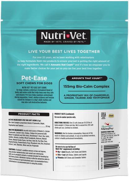 Pet-Ease Soft Chews for Dogs, Vet Formulated with Chamomile & Tryptophan to Soothe and Calm during Storms, Separation Anxiety, and Loud Noises, Dog Calming Supplement, 6.0 Oz